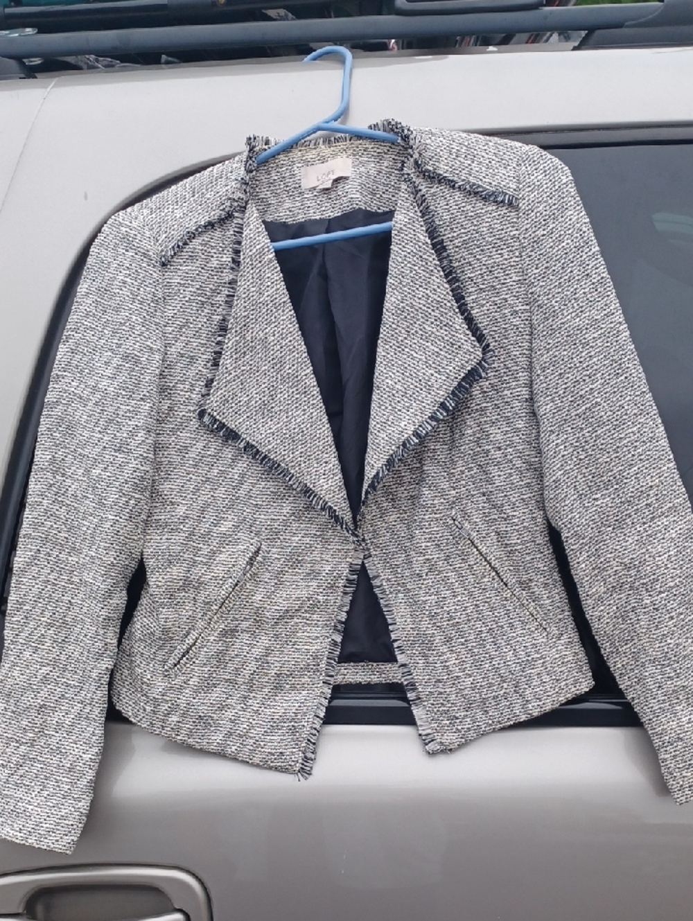 LOFT Black and White Tweed Fringe-Trim Blazer